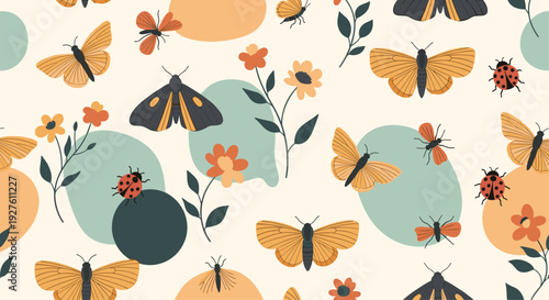 Seamless botanical pattern featuring various types of moths colorful flowers and abstract circular shapes on a light background.