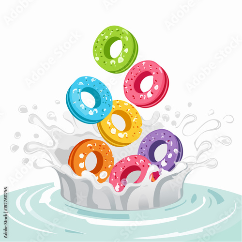 Colorful cereal rings splashing in milk bowl.