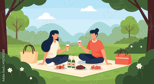 Two female friends enjoying a relaxing outdoor picnic in a lush green park with wine snacks and beautiful mountain views.