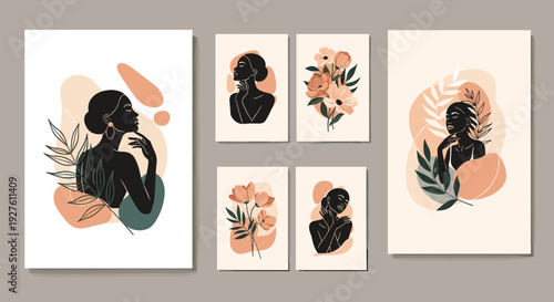Collection of six artistic posters showcasing diverse female portraits and beautiful floral arrangements in warm earthy tones.