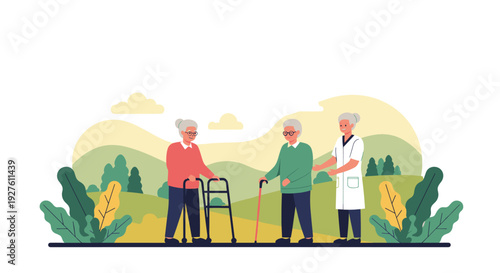 Elderly man and woman using walking aids while being assisted by a friendly nurse in a beautiful green landscape.