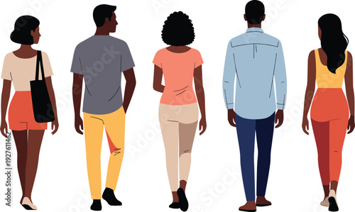 Group of diverse people walking away in casual fashion clothing, lifestyle illustration showing different outfits, hairstyles, and styles for design, advertising, community, and social