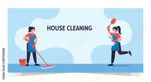 Two professional female cleaners working together with a mop and duster to clean a bright blue floor in a modern home.