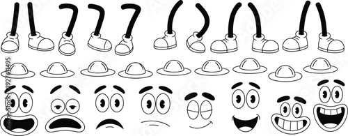 Cartoon character parts kit with legs, hats and facial expressions, funny mascot elements collection, vector illustration for animation and character design