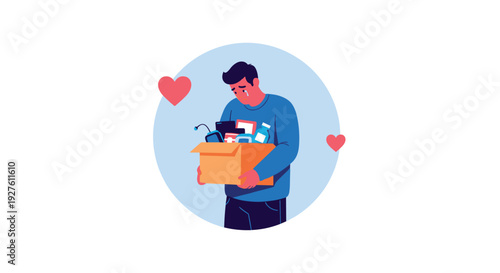 Sad man crying while holding a cardboard box filled with his personal office belongings after being fired from his job.