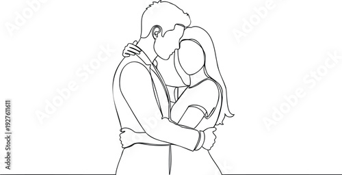 Couple embracing each other tenderly in a simple line art illustration showcasing love and affection