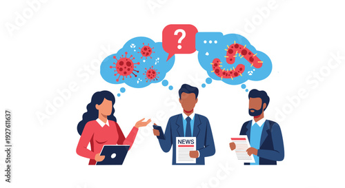 Group of diverse professionals discussing medical news about viruses and pathogens using tablets and newspapers.