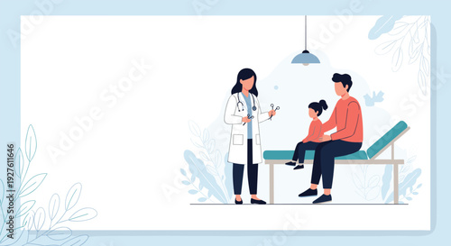 Female pediatrician in a lab coat talking to a young girl and her father in a bright and welcoming medical clinic room.