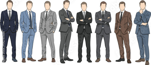 Group of diverse businessmen in formal suits standing together, professional corporate team lineup illustration, business success concept, isolated white background.
