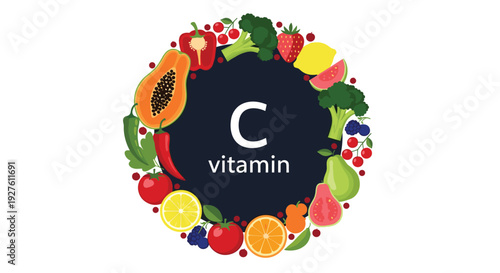 Colorful variety of fresh fruits and vegetables rich in vitamin c arranged in a circular wreath on a dark background.