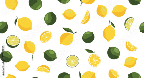 Fresh and vibrant seamless pattern of whole and sliced yellow lemons and green limes on a clean white background.