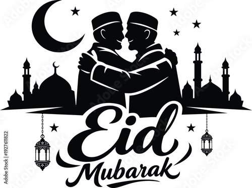 Eid Mubarak Greeting Silhouette with Muslim Men Hugging, Mosque, and Crescent Moon