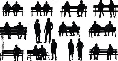 People sitting on benches and standing silhouettes set, friends talking in public park, urban social life, cad drawing flat vector illustration.