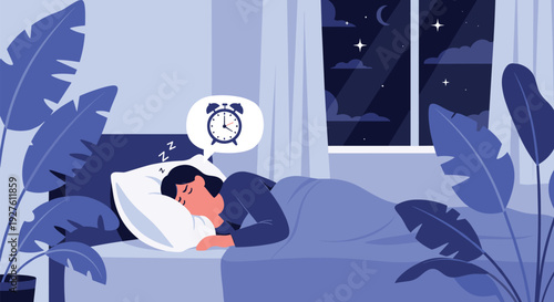 Woman sleeping peacefully in a blue bedroom dreaming about her morning alarm clock through the night window view.