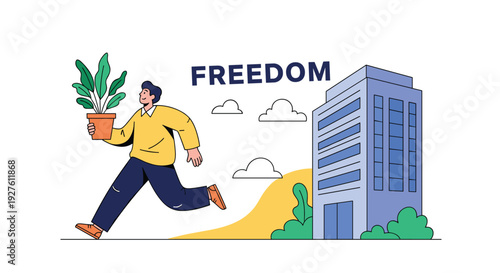 Happy man in a yellow sweater running away from a grey office building while carrying a potted green house plant.