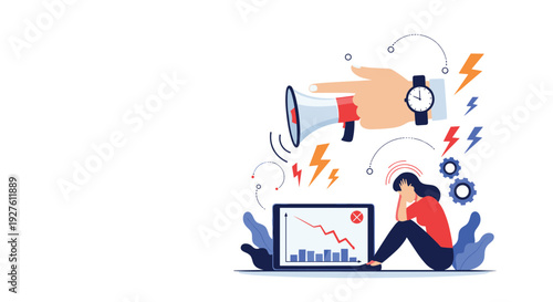 Stressed woman sitting by a falling business graph being pressured by a giant hand with a megaphone and clock.