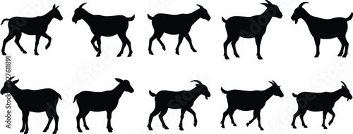 Ten black goat silhouettes in various dynamic poses on a white background, ideal for farm, livestock, and rustic design concepts.