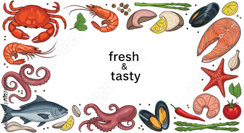Comprehensive frame of fresh and delicious seafood assortment including crab, shrimp, fish, octopus, and salmon steaks.