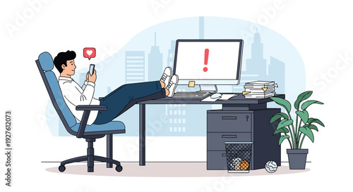 Unproductive office worker relaxes with his feet on the desk while checking his phone as an alert appears on the computer.