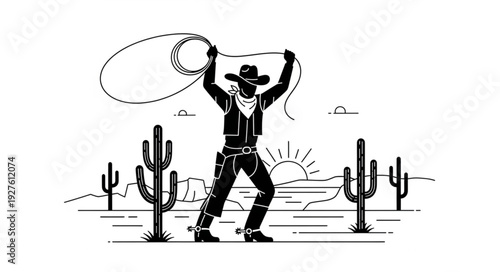 Cowboy swinging lasso in desert landscape illustration.