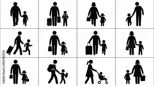 Set of family travel icons and silhouettes with parents children luggage and strollers for airport vacation and trip planning concepts