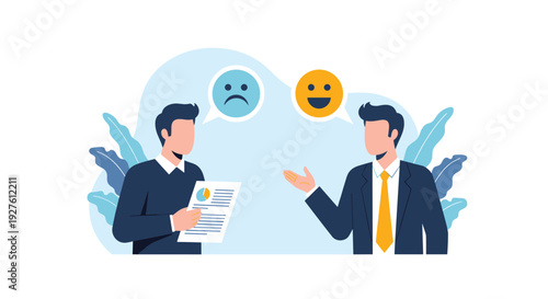Two businessmen engage in a conversation where one expresses sadness and the other displays a happy emoji speech bubble.