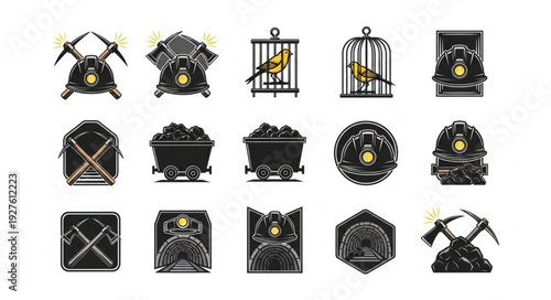 Collection of mining tools and equipment icons, perfect for design projects.