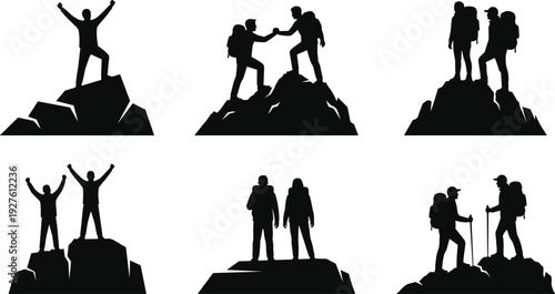 Black silhouettes of mountain climbers and hikers reaching the summit and helping each other for outdoor adventure teamwork and success  mountain climbers and hikers reaching the