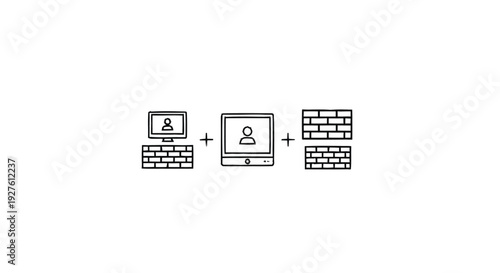 Computer security concept with firewall and user icons.