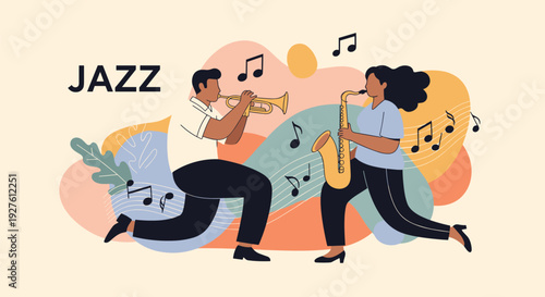 Dynamic jazz music illustration featuring musicians playing the trumpet and saxophone surrounded by abstract colorful shapes.