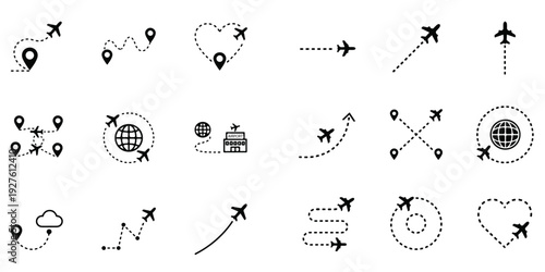 Airplane with dotted flight path on transparent background, vector illustration of twisted, curved, and straight dashed routes