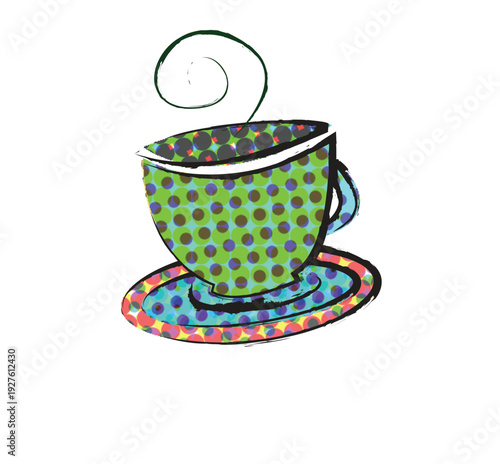 Colorful Retro Tea Cup with Saucer Pop Art Style Illustration PNG