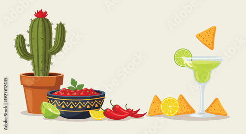 Festive Mexican food spread featuring a tall cactus, fresh salsa, spicy chili peppers, crispy nachos, and a margarita drink.