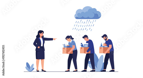 Group of sad employees walking away with boxes of their things under a rain cloud after being fired by a stern boss.
