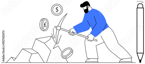 Cryptocurrency, mining, blockchain technology, financial growth, economy, global currency. A man using a pickaxe to mine coins digital and global finance. Cryptocurrency and mining concepts
