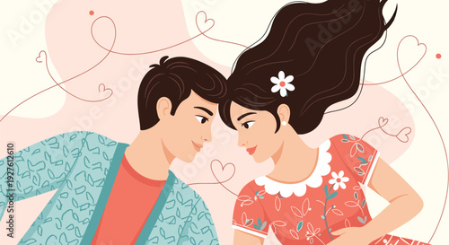 Romantic flat illustration of a loving young couple lying down together and gazing affectionately into each other's eyes.