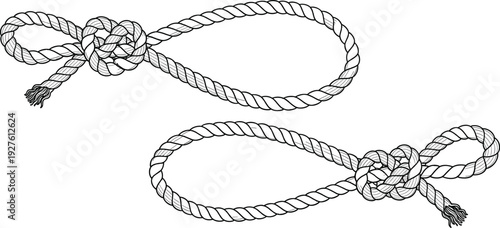 Hand drawn nautical rope loops with decorative knots in engraving style cad drawing flat vector illustration for maritime border design