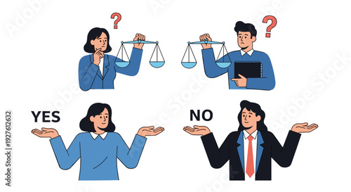 Illustrative set showing individuals weighing options with scales and making decisions between yes and no options.
