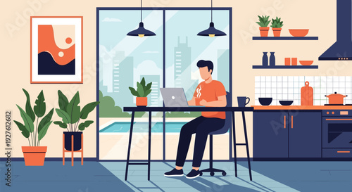 Productive man works on a laptop in a modern kitchen while a glass door reveals a serene view of a swimming pool outside.