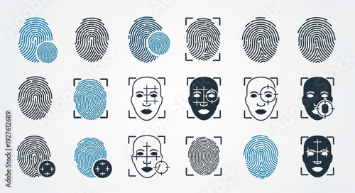 Biometric identification icons representing fingerprints and facial recognition for security.