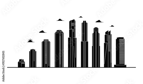 Black and white of urban skyline with tall buildings and flying airplanes city