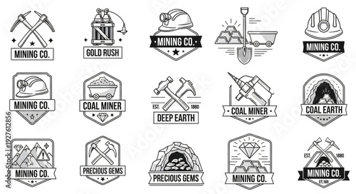 Collection of mining company logos and emblems in a vintage style, black and white.