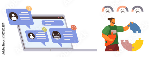Business communication, data visualization, teamwork, digital planning, problem solving, remote work. A laptop with chat icons and a person assembling pie chart puzzles. Business communication