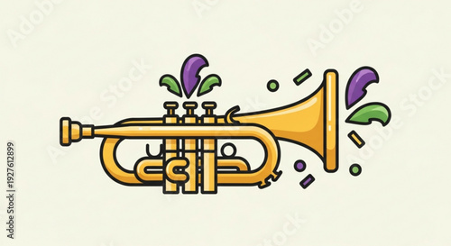 Vibrant trumpet illustration with mardi gras feathers and confetti on cream background