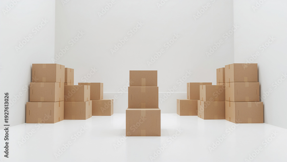 Obraz premium 整った余白の白い部屋に引っ越し段ボールを規則的に積んだミニマル写真