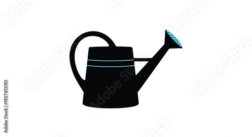 Simple illustration of a black watering can with a blue accent