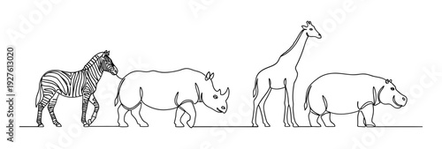 A group of wild animals including zebra, rhinoceros, giraffe, and hippopotamus walking together in a savannah landscape viewed from the side in a simple line art style.