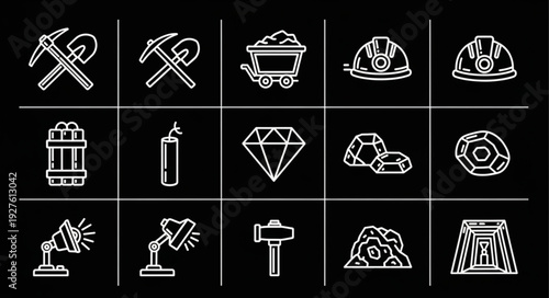 Mining tools and equipment icons representing the mining industry and its processes.
