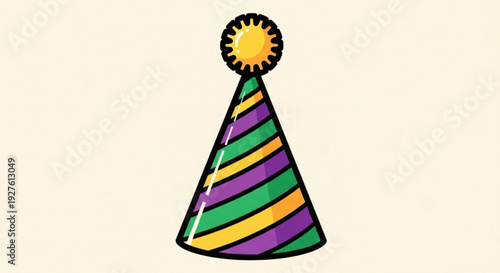 Colorful mardi gras party hat with purple green and yellow stripes and a decorative topper on a cream background