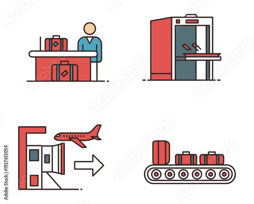 Airport check-in and baggage handling process illustrated from various viewpoints showcasing airport staff and automated systems efficiently managing travel preparations